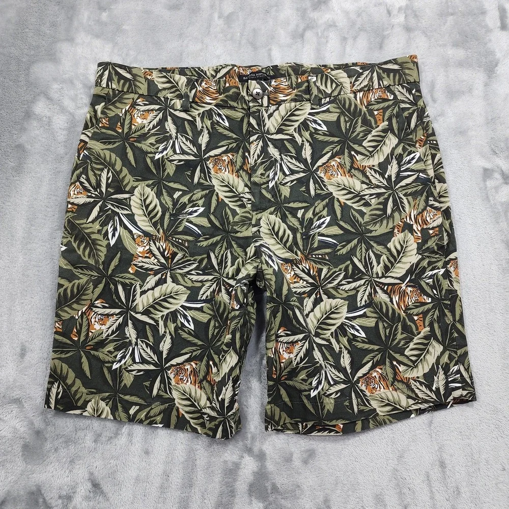 Banana Republic Shorts Mens 36 Green Aiden Tiger Tropical Jungle Print‎ Chino